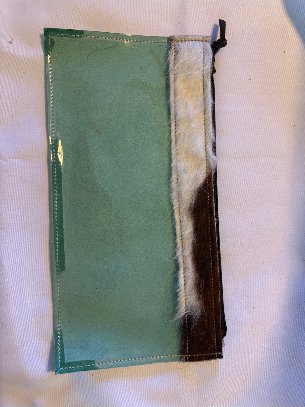 Mint Leather Clutch with Hair-On Trim